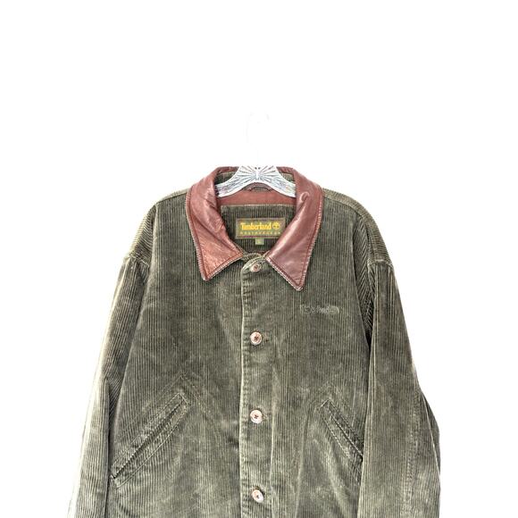 Timberland Weathergear Barn Coat Men's Corduroy Green Leather Collar Large - Picture 3 of 13